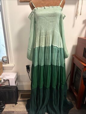 Smocked Off-Shoulder Maxi Dress in Light Sage